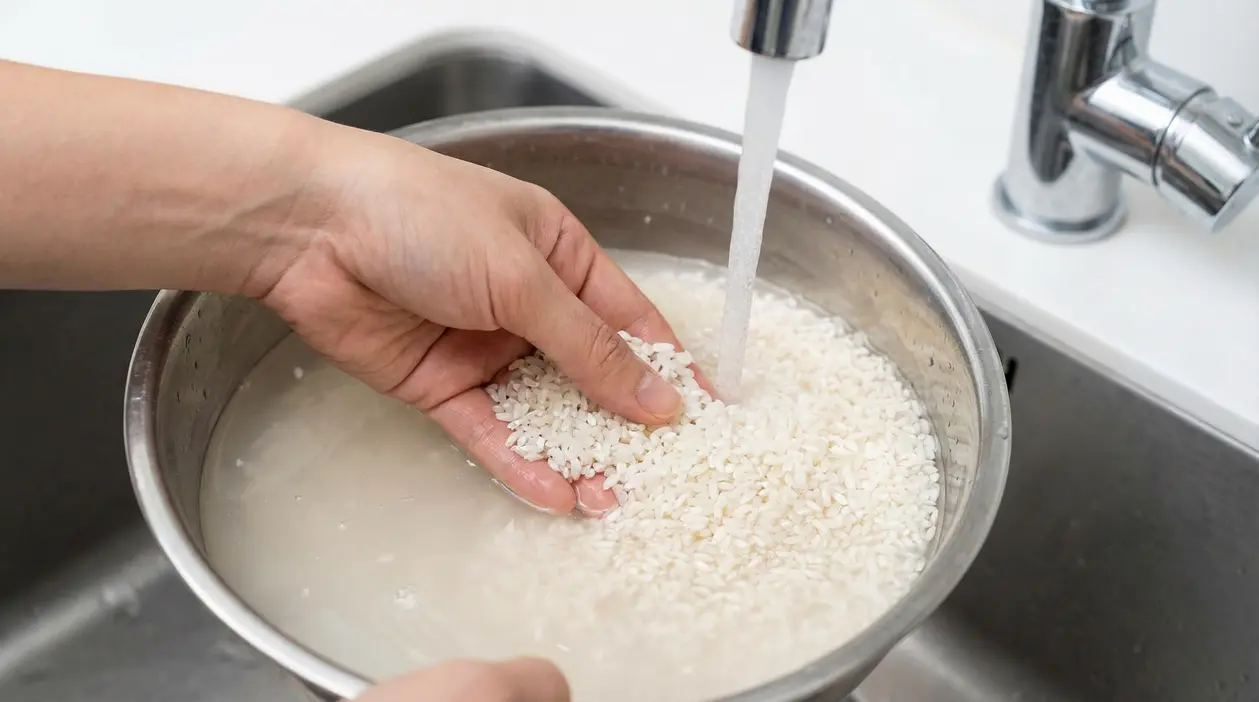 Mano che lava il riso sotto l’acqua corrente in una ciotola di metallo