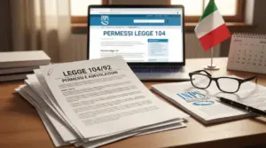 Documenti sulla legge 104 e agevolazioni INPS su una scrivania con computer e bandiera italiana