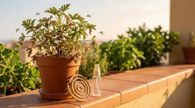 Pianta in vaso con foglie secche su un balcone, circondata da zanzare