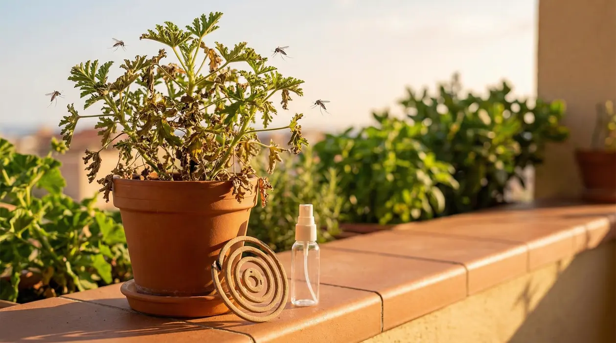 Pianta in vaso con foglie secche su un balcone, circondata da zanzare