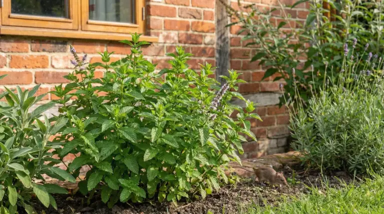 Pianta aromatica in aiuola vicino a casa, con un topo nel terreno accanto alle piante del giardino