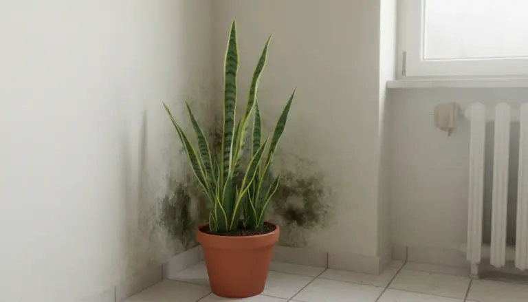Pianta di sansevieria in vaso in un angolo con macchie di muffa sulla parete in una stanza umida