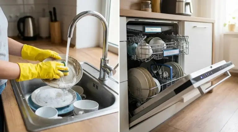 Confronto tra lavaggio dei piatti a mano nel lavello e piatti caricati in lavastoviglie in cucina