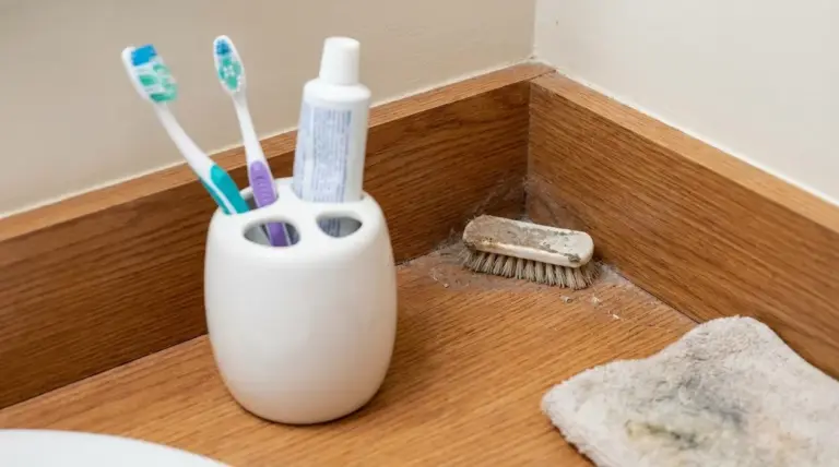 Angolo del bagno con polvere sul battiscopa, spazzolina, panno e portaspazzolini sul piano in legno