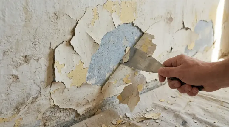 Mano che rimuove con una spatola la pittura scrostata e crepata da un muro, preparazione prima di imbiancare