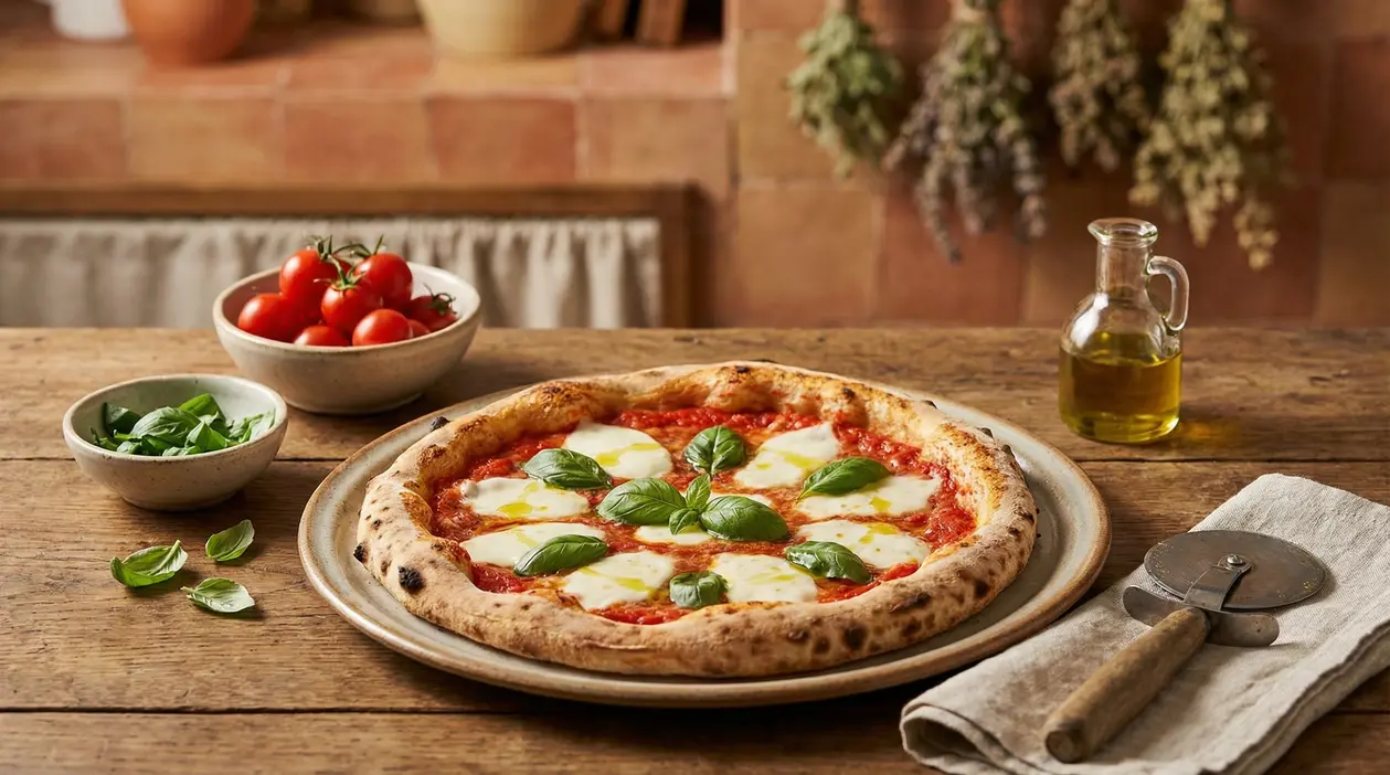 Pizza margherita su un tavolo rustico con basilico fresco, pomodorini e olio d'oliva
