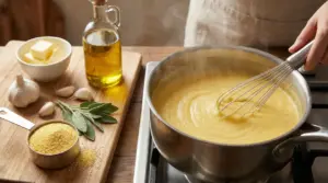 Polenta cremosa mescolata in una pentola con ingredienti freschi su un tagliere