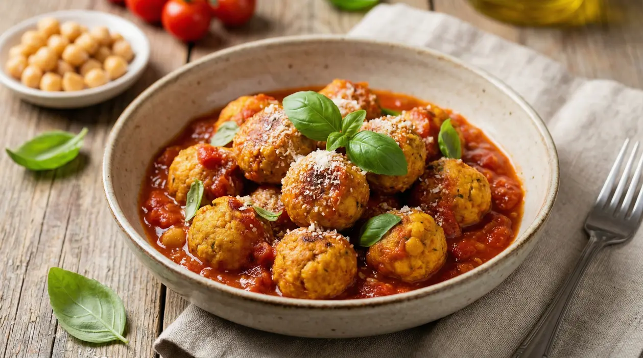 Polpette ai ceci servite in salsa di pomodoro in una ciotola con foglie di basilico