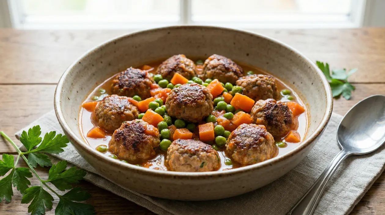 Polpette con carote e piselli servite in un piatto fondo con salsa