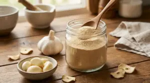 Barattolo di aglio in polvere con cucchiaio di legno, spicchi e testa d'aglio su un tavolo di legno