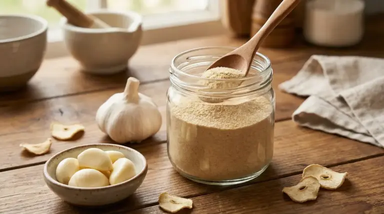 Barattolo di aglio in polvere con cucchiaio di legno, spicchi e testa d'aglio su un tavolo di legno