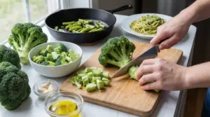 Mani che tagliano i gambi di broccoli su un tagliere con vari ingredienti da cucina sul tavolo