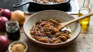 Cipolle caramellate in una ciotola di ceramica con cucchiaio di legno, ingredienti sullo sfondo