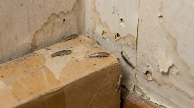 Pesciolini d'argento su un angolo di parete danneggiata in una casa