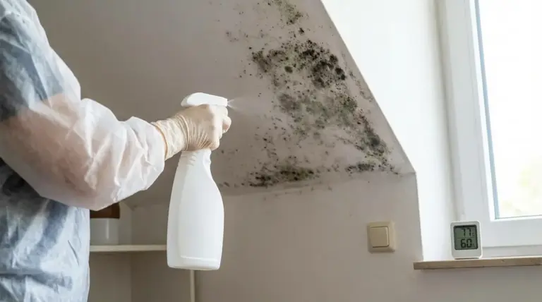 Persona con guanti spruzza un detergente su muffa negli angoli del soffitto vicino a una finestra