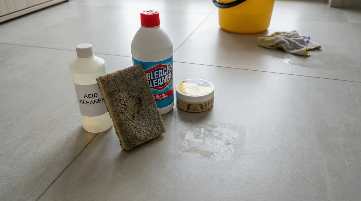 Prodotti per la pulizia, inclusi acido e candeggina, su pavimento in gres porcellanato
