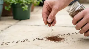 Mani spargono polvere scura vicino a una fila di formiche su una superficie esterna.