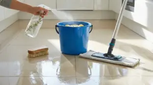Persona spruzza detergente naturale in un secchio con limoni, vicino a mop su pavimento lucido in cucina