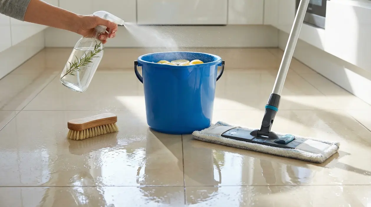 Persona spruzza detergente naturale in un secchio con limoni, vicino a mop su pavimento lucido in cucina