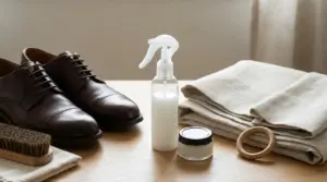 Scarpe in pelle, tenda piegata e prodotto lucidante su un tavolo in legno