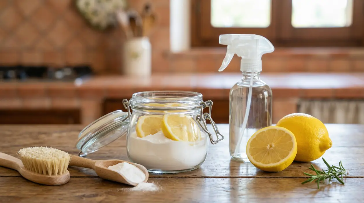 Barattolo con bicarbonato e fette di limone, spray e limoni su un tavolo di cucina