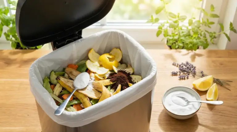 Pattumiera aperta con scarti di frutta e verdura, bicarbonato e fondi di caffè per ridurre i cattivi odori in cucina