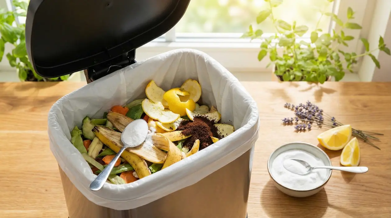 Pattumiera aperta con scarti di frutta e verdura, bicarbonato e fondi di caffè per ridurre i cattivi odori in cucina