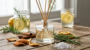 Profumatore fai da te con bastoncini, limone, rosmarino e cannella su tavolo di legno