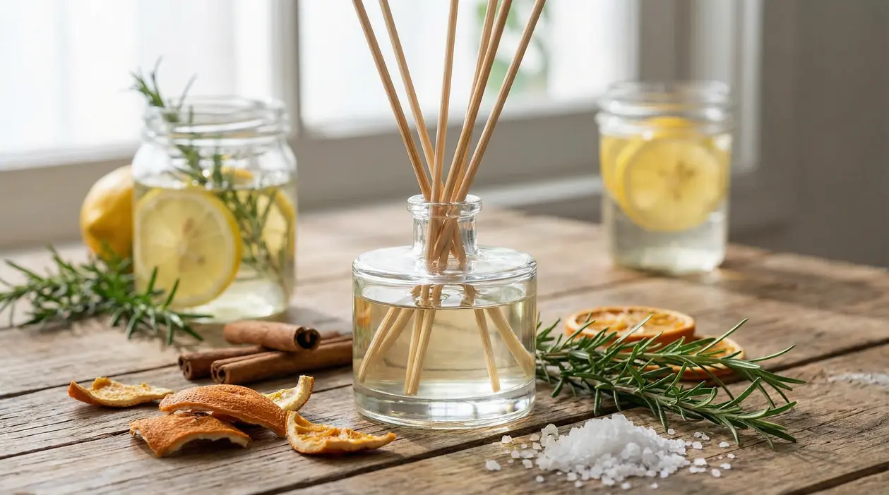 Profumatore fai da te con bastoncini, limone, rosmarino e cannella su tavolo di legno