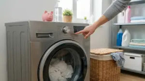 Persona che seleziona il programma eco della lavatrice in una lavanderia domestica