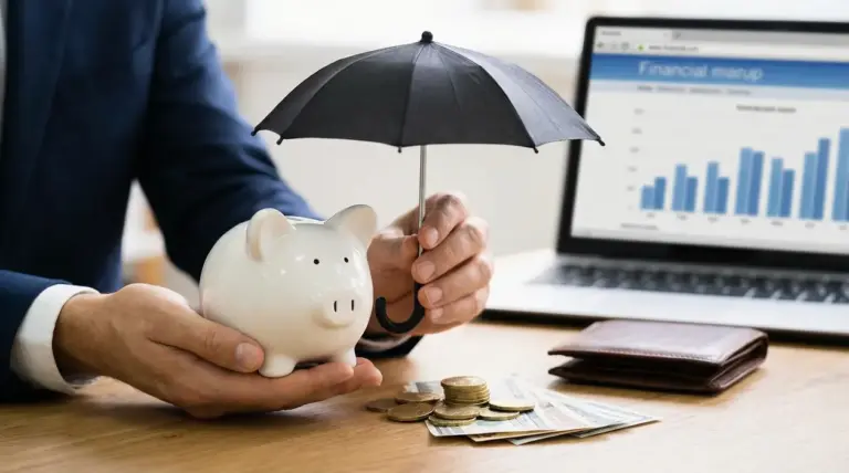 Persona protegge un salvadanaio con un ombrello accanto a monete e banconote su una scrivania