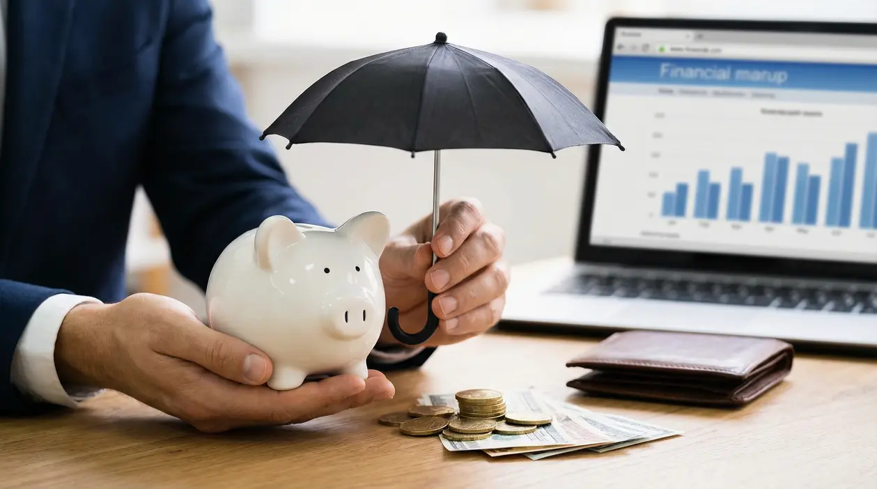 Persona protegge un salvadanaio con un ombrello accanto a monete e banconote su una scrivania
