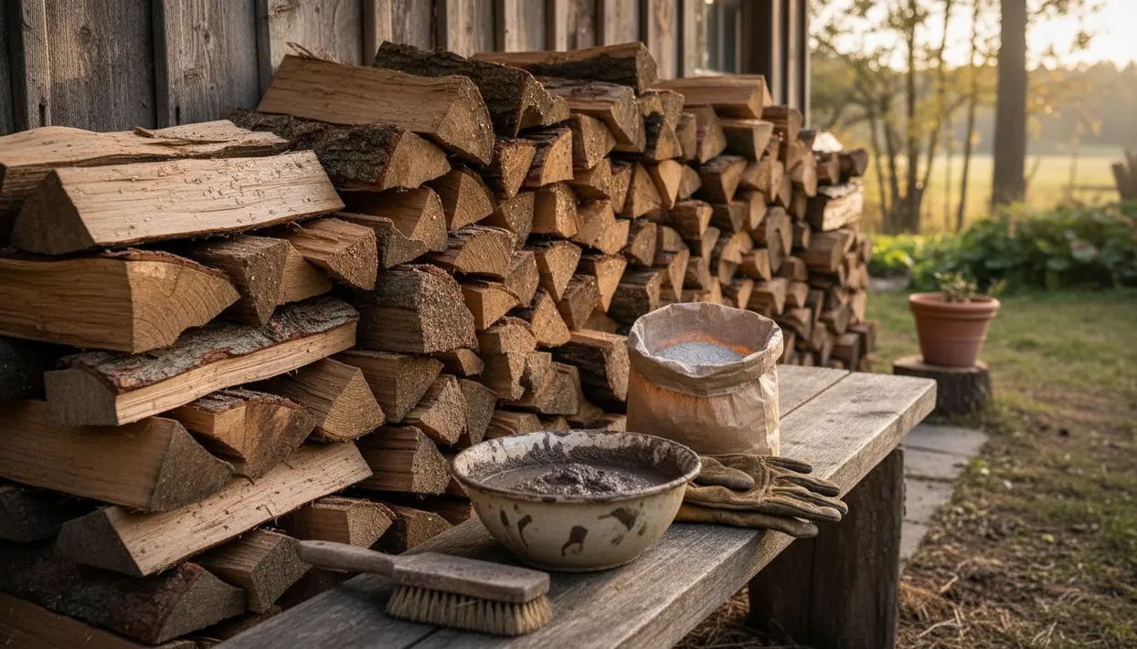 Catasta di legna all’esterno con ciotola di cenere, spazzola e guanti su una panca vicino a una parete in legno