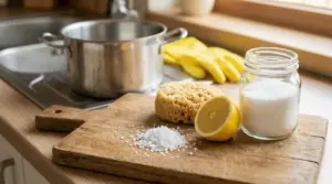 Sale grosso, limone e spugna su un tagliere accanto a una pentola in cucina per pulizie domestiche