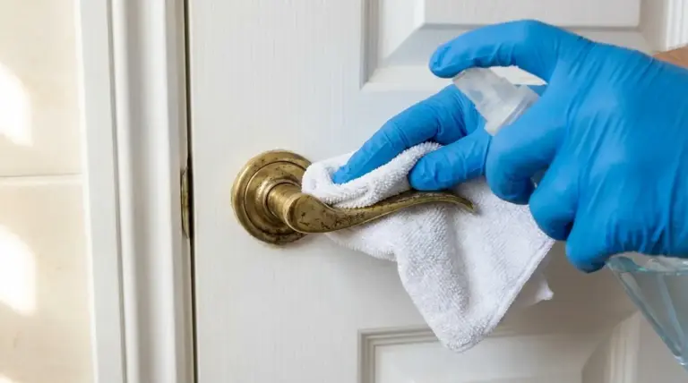Mano con guanto pulisce e disinfetta una maniglia di porta in ottone con panno e spray detergente