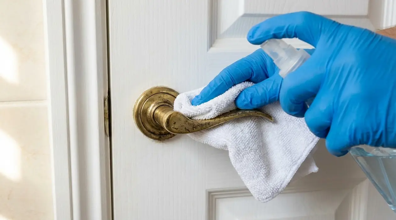 Mano con guanto pulisce e disinfetta una maniglia di porta in ottone con panno e spray detergente