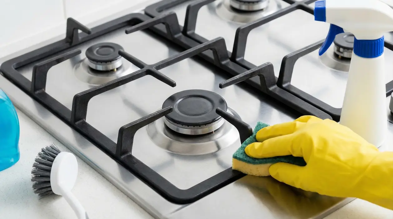 Mano con guanto che pulisce i bruciatori del piano cottura a gas in acciaio con spugna e detergente spray