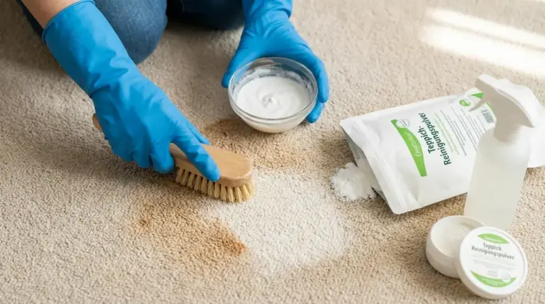 Persona con guanti che spazzola una macchia su un tappeto chiaro con prodotti e rimedio naturale per la pulizia