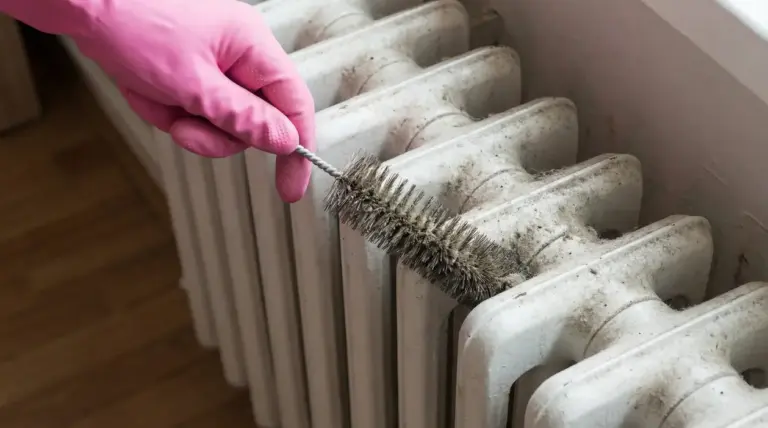 Mano con guanto rosa pulisce un termosifone in ghisa pieno di polvere con una spazzola sottile