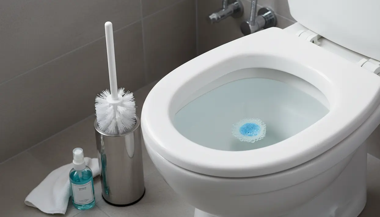 WC aperto con scopino e detergente in bagno, pronto per una pulizia rapida e senza fatica