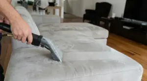 Persona che pulisce un divano in alcantara chiaro con un estrattore per tessuti in salotto