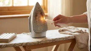Pulizia della piastra del ferro da stiro con una candela accesa su asse da stiro, rimuovendo residui bruciati