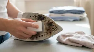 Persona che pulisce la piastra incrostata del ferro da stiro con una spugna su un asse da stiro