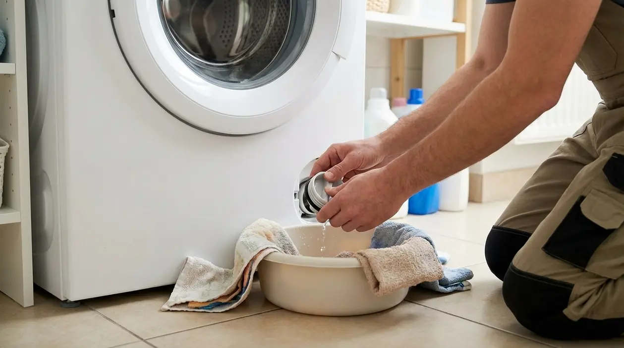 Persona pulisce il filtro della lavatrice con una bacinella e asciugamani per evitare allagamenti sul pavimento
