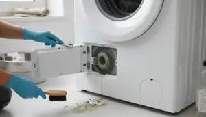 Pulizia del filtro della lavatrice con sportellino aperto, guanti e spazzola, con sporco e acqua sul pavimento