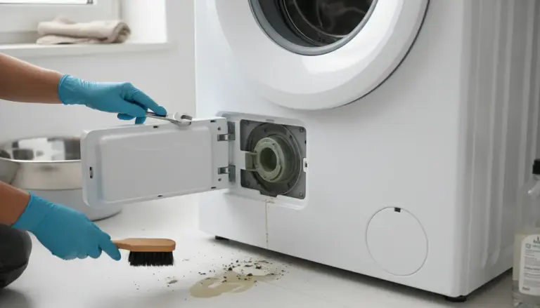 Pulizia del filtro della lavatrice con sportellino aperto, guanti e spazzola, con sporco e acqua sul pavimento