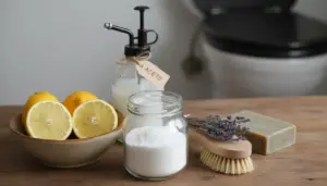 Ingredienti naturali per pulire il water: limone, aceto, bicarbonato, sapone e spazzola su un piano in bagno