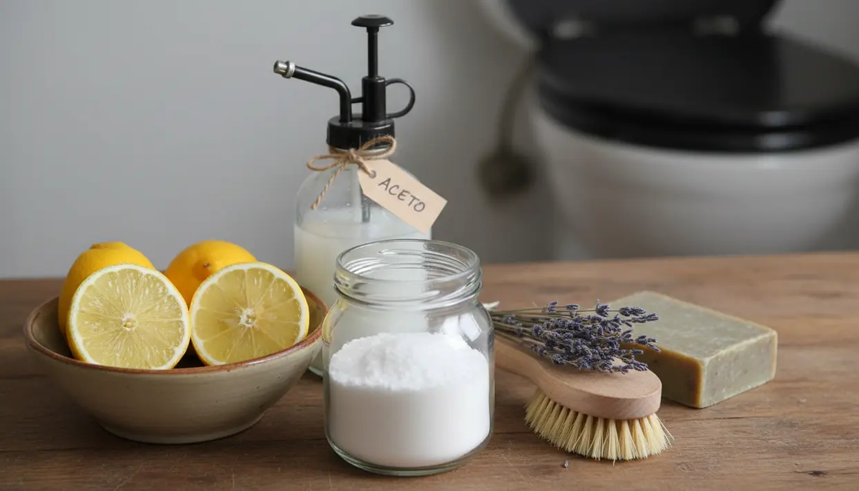 Ingredienti naturali per pulire il water: limone, aceto, bicarbonato, sapone e spazzola su un piano in bagno