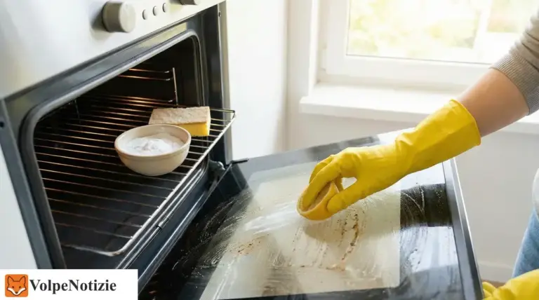 Persona con guanti gialli pulisce lo sportello del forno con una spugna e una ciotola di detergente naturale