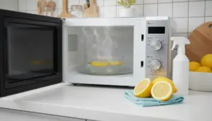 Microonde aperto con ciotola di acqua e fette di limone che sprigionano vapore su un piano cucina